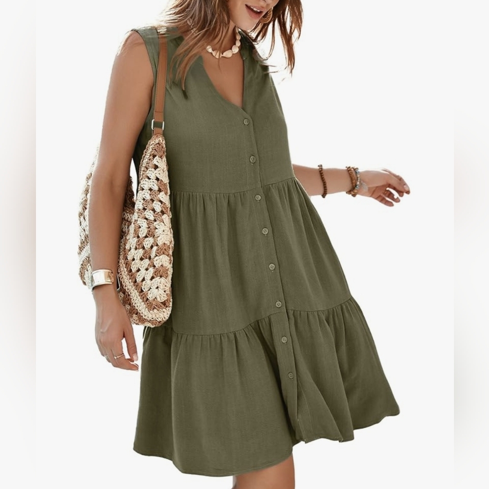 Women’s Sleeveless Linen Summer Mini Casual Button Down Dress Flowy Beach XL